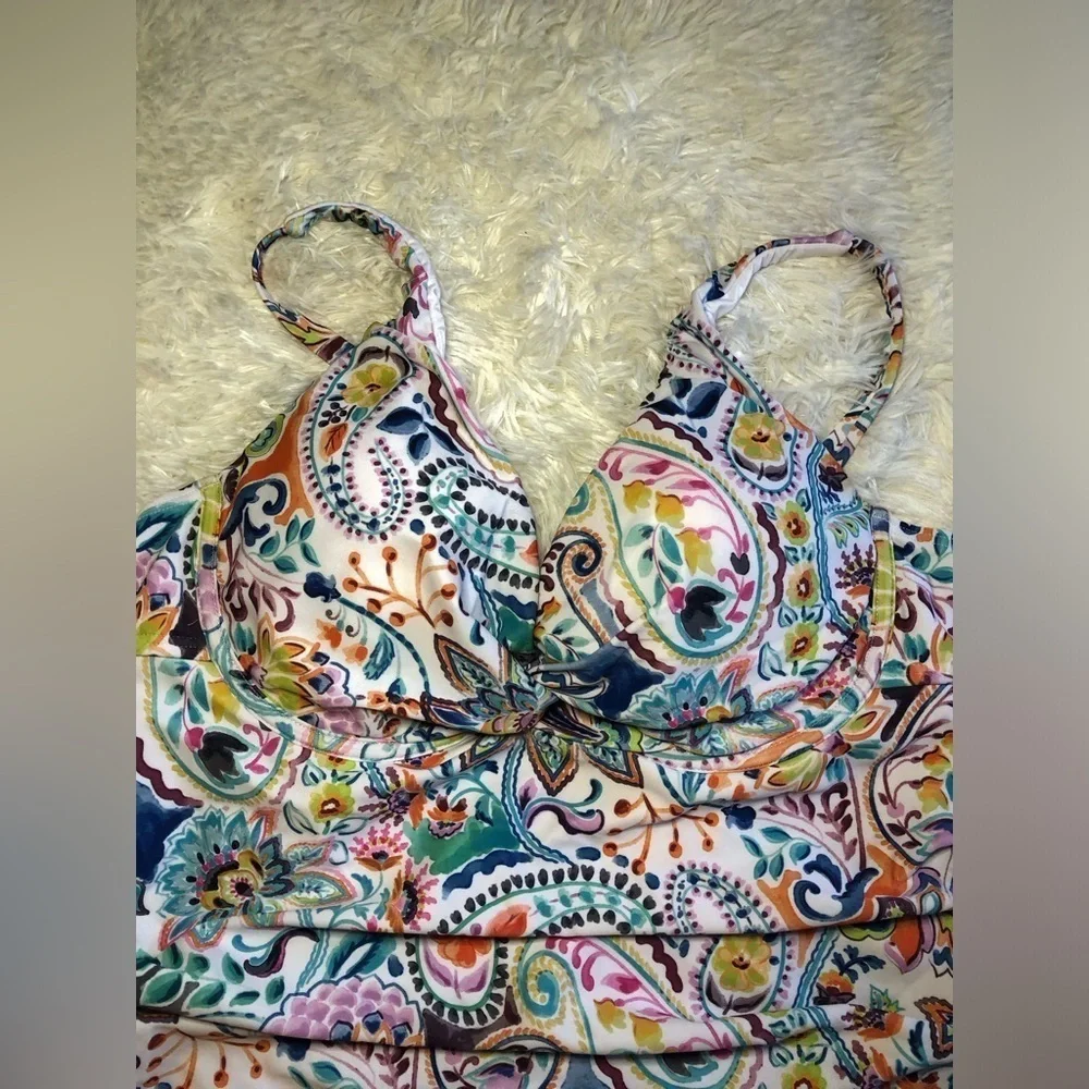 VENUS Blue and Orange Ruched Fitted Floral geometric Bikini tankini size 12 NWT
